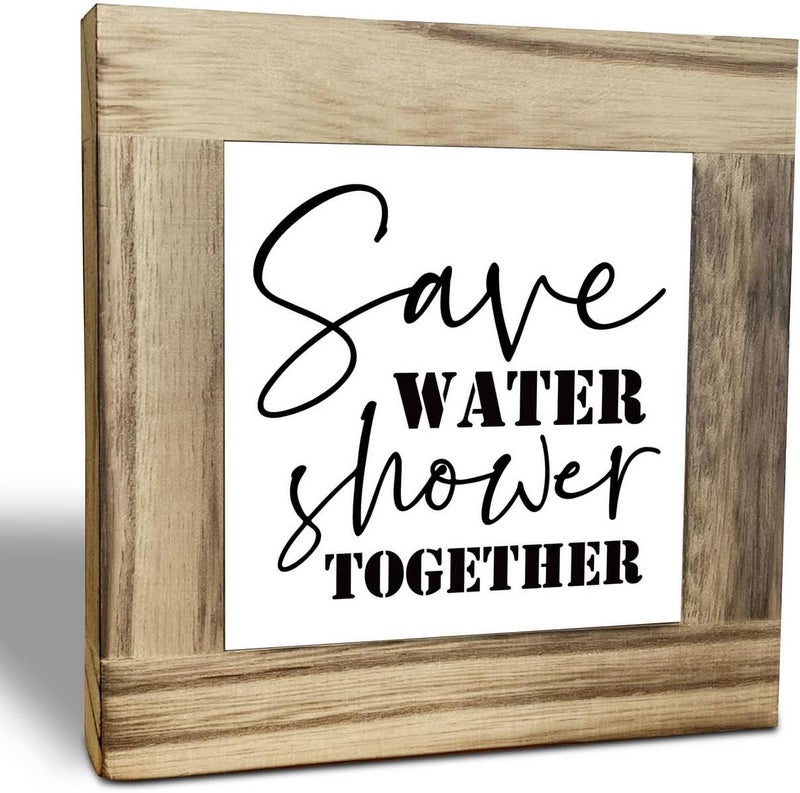 EDCTO Rustic Bathroom Wood Plaque Sign, Save Water Shower Together, Funny Bathroom Décor Sign, Box Wooden Plaques Signs, Toilet Shelf Décor Sign, Rustic Farmhouse Bathroom Wood Sign 4.3×4.3×0.7inch - Image 1