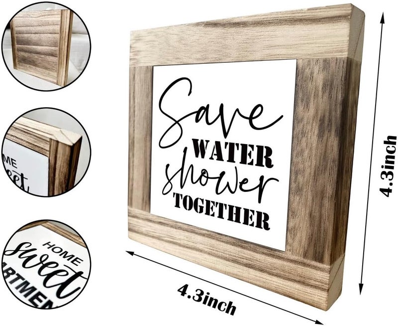 EDCTO Rustic Bathroom Wood Plaque Sign, Save Water Shower Together, Funny Bathroom Décor Sign, Box Wooden Plaques Signs, Toilet Shelf Décor Sign, Rustic Farmhouse Bathroom Wood Sign 4.3×4.3×0.7inch - Image 2