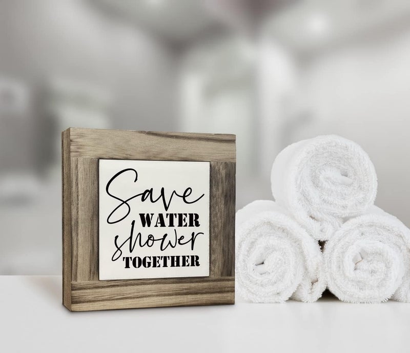 EDCTO Rustic Bathroom Wood Plaque Sign, Save Water Shower Together, Funny Bathroom Décor Sign, Box Wooden Plaques Signs, Toilet Shelf Décor Sign, Rustic Farmhouse Bathroom Wood Sign 4.3×4.3×0.7inch - Image 4