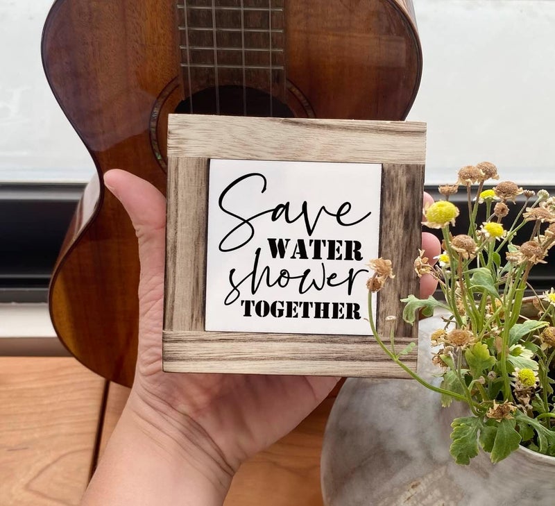 EDCTO Rustic Bathroom Wood Plaque Sign, Save Water Shower Together, Funny Bathroom Décor Sign, Box Wooden Plaques Signs, Toilet Shelf Décor Sign, Rustic Farmhouse Bathroom Wood Sign 4.3×4.3×0.7inch - Image 3