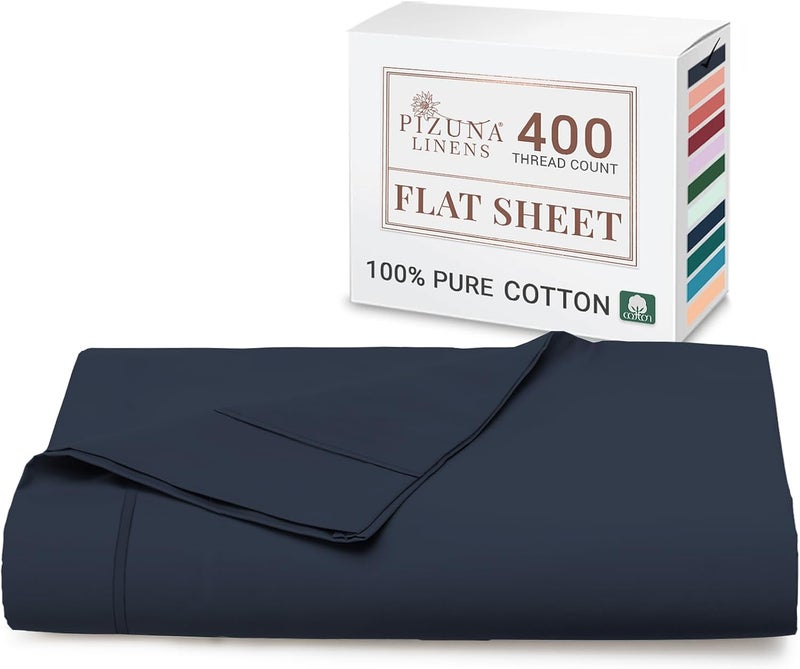 PIZUNA 100% Cotton Flat Bed Sheet Single 180x280 cm Dark Blue 1 PC, 400 Thread Count Luxurious Long Staple Cotton Sateen Weave Bed Sheet Dark Blue (ملاءة سرير مسطحة من القطن 100%) - Image 1