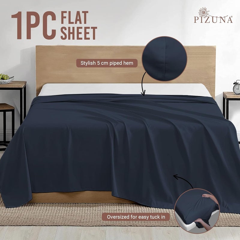 PIZUNA 100% Cotton Flat Bed Sheet Single 180x280 cm Dark Blue 1 PC, 400 Thread Count Luxurious Long Staple Cotton Sateen Weave Bed Sheet Dark Blue (ملاءة سرير مسطحة من القطن 100%) - Image 3