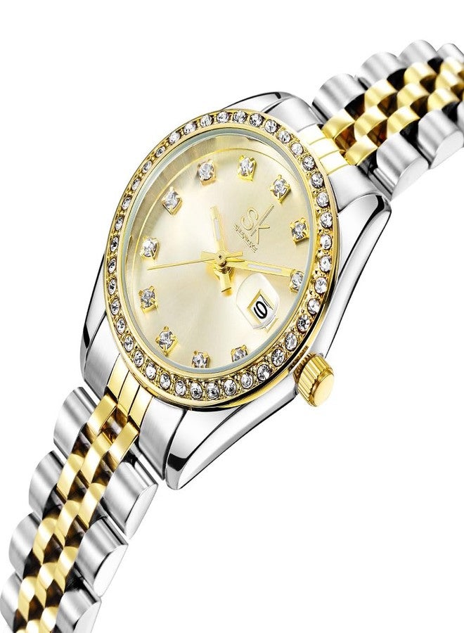 SHENGKE Women's Crystal Accented with Solid Alloy Steel Band Watch Elegant Dress Quartz Calendar Watches for Women (Silver-Gold) - Image 4