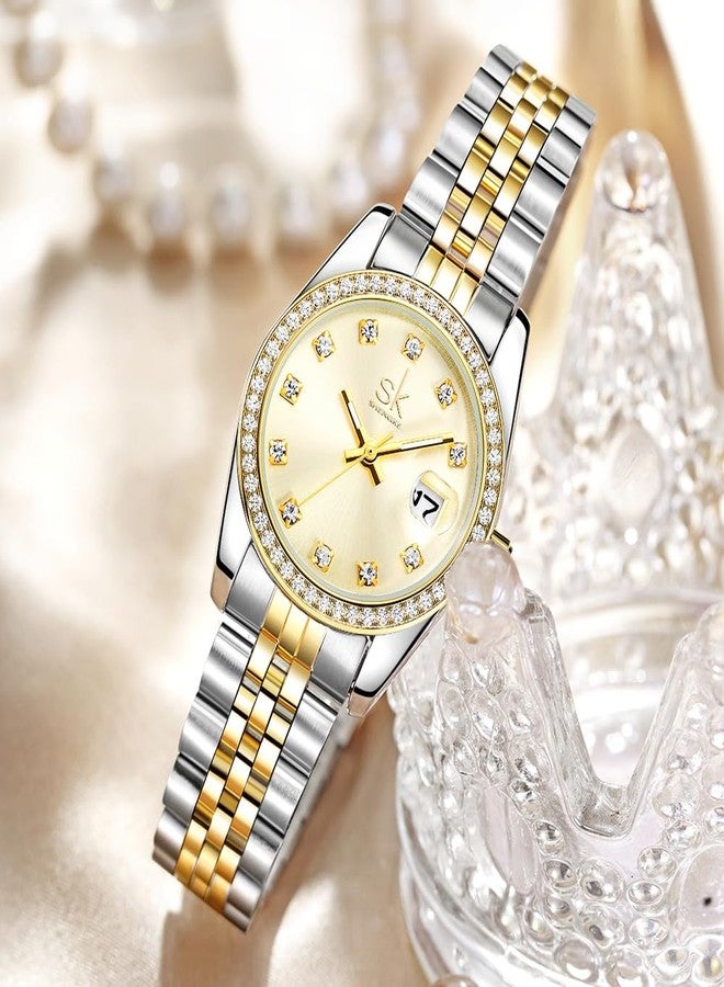 SHENGKE Women's Crystal Accented with Solid Alloy Steel Band Watch Elegant Dress Quartz Calendar Watches for Women (Silver-Gold) - Image 3