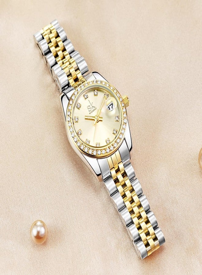 SHENGKE Women's Crystal Accented with Solid Alloy Steel Band Watch Elegant Dress Quartz Calendar Watches for Women (Silver-Gold) - Image 5