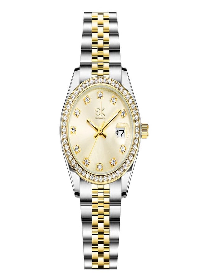 SHENGKE Women's Crystal Accented with Solid Alloy Steel Band Watch Elegant Dress Quartz Calendar Watches for Women (Silver-Gold) - Image 1