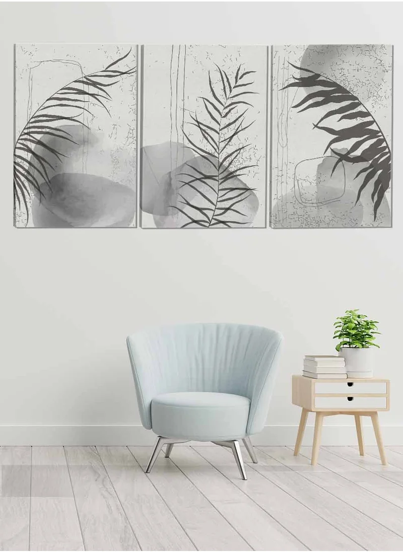 LOWHA Set Of 3 Canvas Wall Arts Stretched Over Wooden Frame Plant Leaves Abstract Paintings