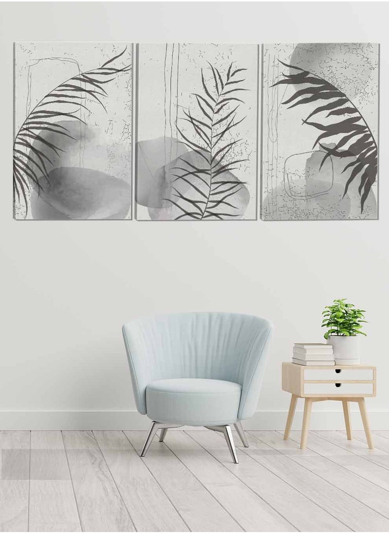 LOWHA Set Of 3 Canvas Wall Arts Stretched Over Wooden Frame Plant Leaves Abstract Paintings  - Image 1