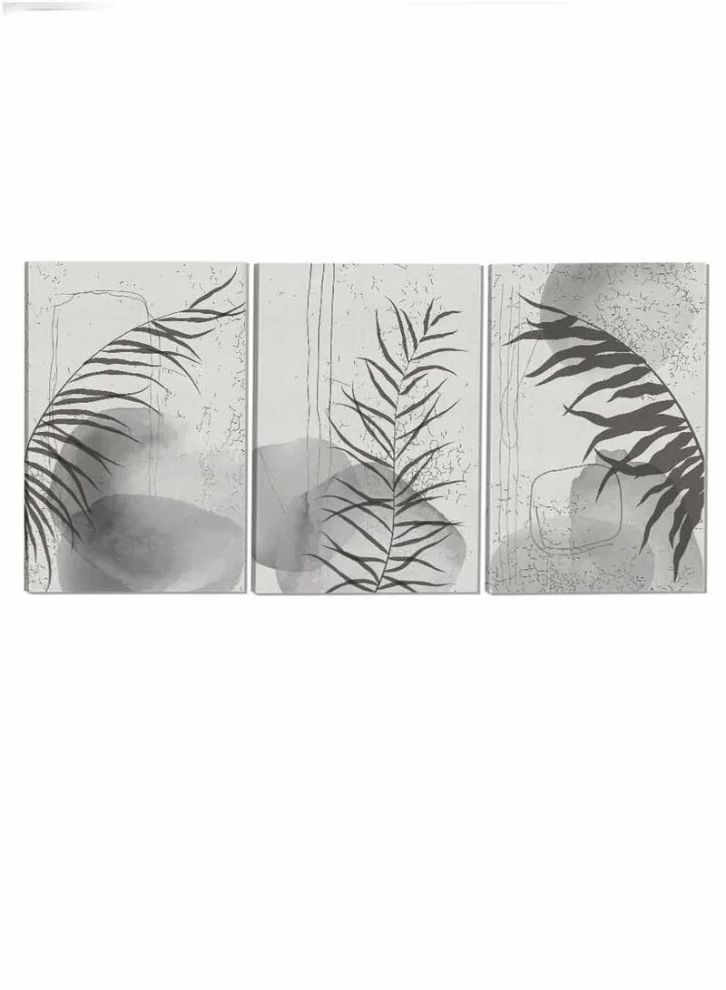 LOWHA Set Of 3 Canvas Wall Arts Stretched Over Wooden Frame Plant Leaves Abstract Paintings