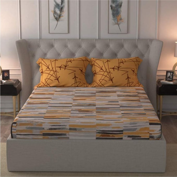 DIVINE COLLECTION 160 TC COTTON DOUBLE BEDSHEET WITH 2 PILLOW COVERS STRIPES MUSTARD