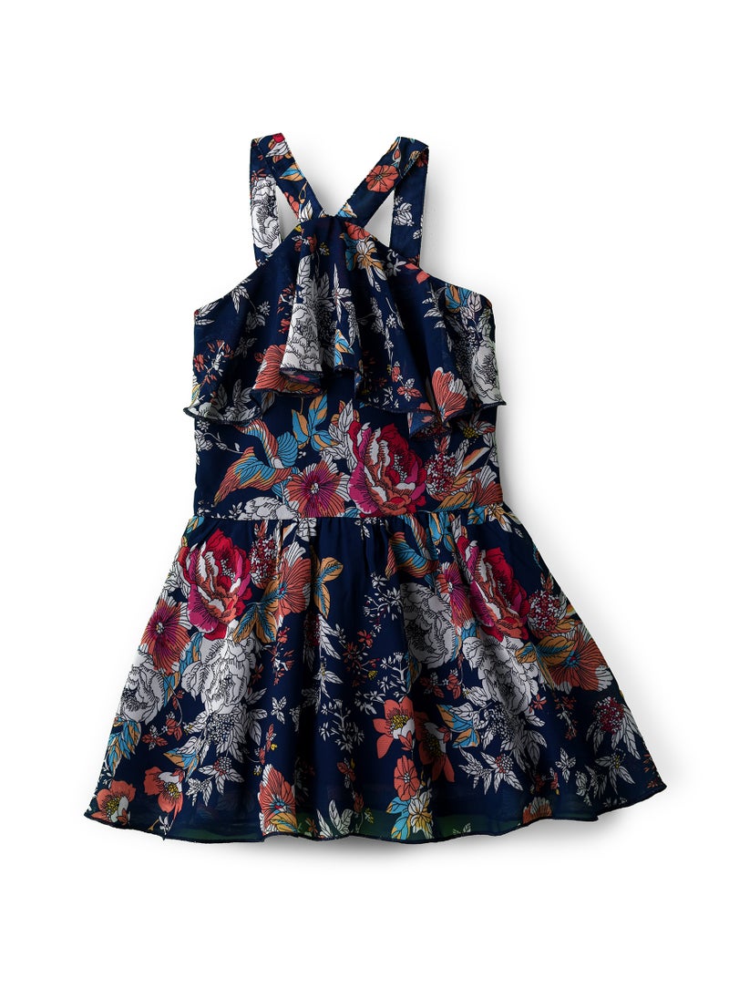 Jelliene Girls Navy Floral Crossback Party Dress  - Image 1