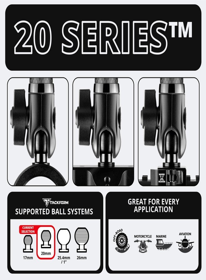 Tackform 10" Long 20mm Ball and Socket Arm DuraLock 20 Series Carbon Fiber Arm | Dual 20mm Sockets with Optional Anti-Theft Knobs | Black - Image 4