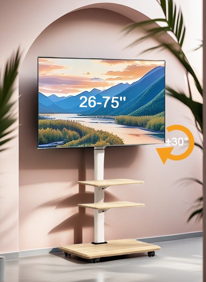 Bolivia's Mobile TV Stand Rolling TV Cart for 26-75" TVs , With 360° Lockable Wheels - Height Adjustable , Up to 45kg, VESA Compatible 600x400mm , With Three-layer Wooden Storage Shelves  - Image 1