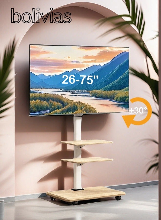 بوليفياز حامل تلفزيون متنقل، قاعدة تلفزيون لأجهزة تلفزيون مقاس 26-75 بوصة، ستاند شاشه  بعجلات قفل 360 درجة - ارتفاع قابل للتعديل، سعة وزن تصل إلى 45 كجم، متوافق مع VESA 600 × 400 مم، مع أرفف تخزين خشبية ثلاثية الطبقات - Image 1