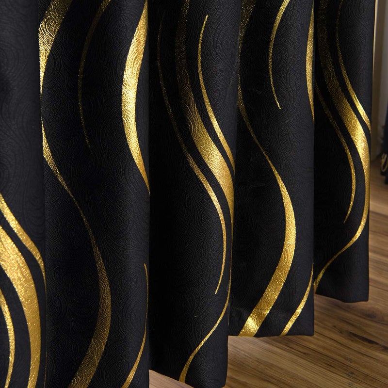 MYRU 1 Pair Blackout Curtains for Bedroom, Luxury Striped Curtains for Living Room (Black and Gold, 2 x 54 x 84 Inch) - Image 2
