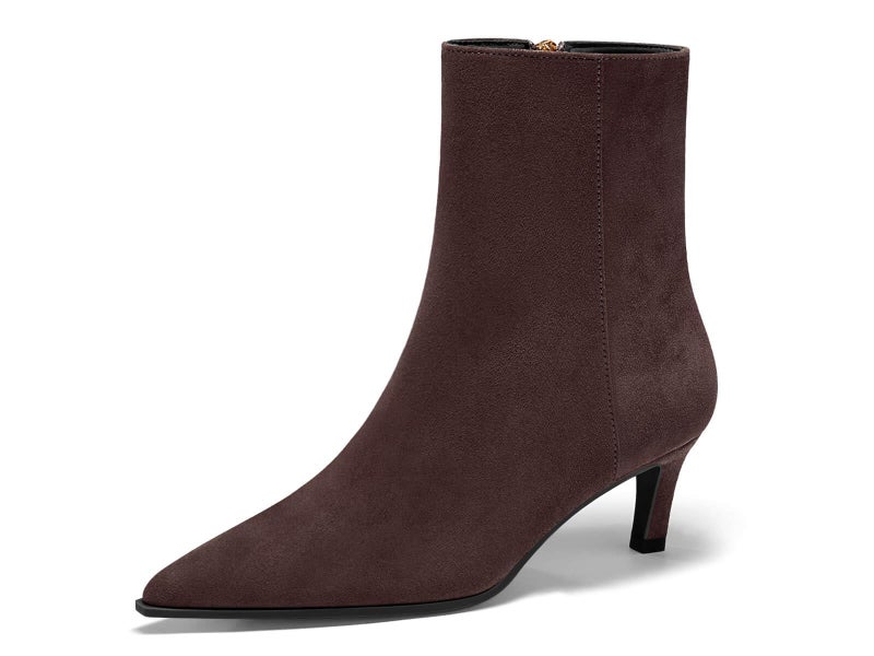 Coutgo Ankle Boots for Women Kitten Low Heel Pointed Toe Booties Side Zipper Fall Shoes, Chocolate Suede, Size 8.5 - Image 5