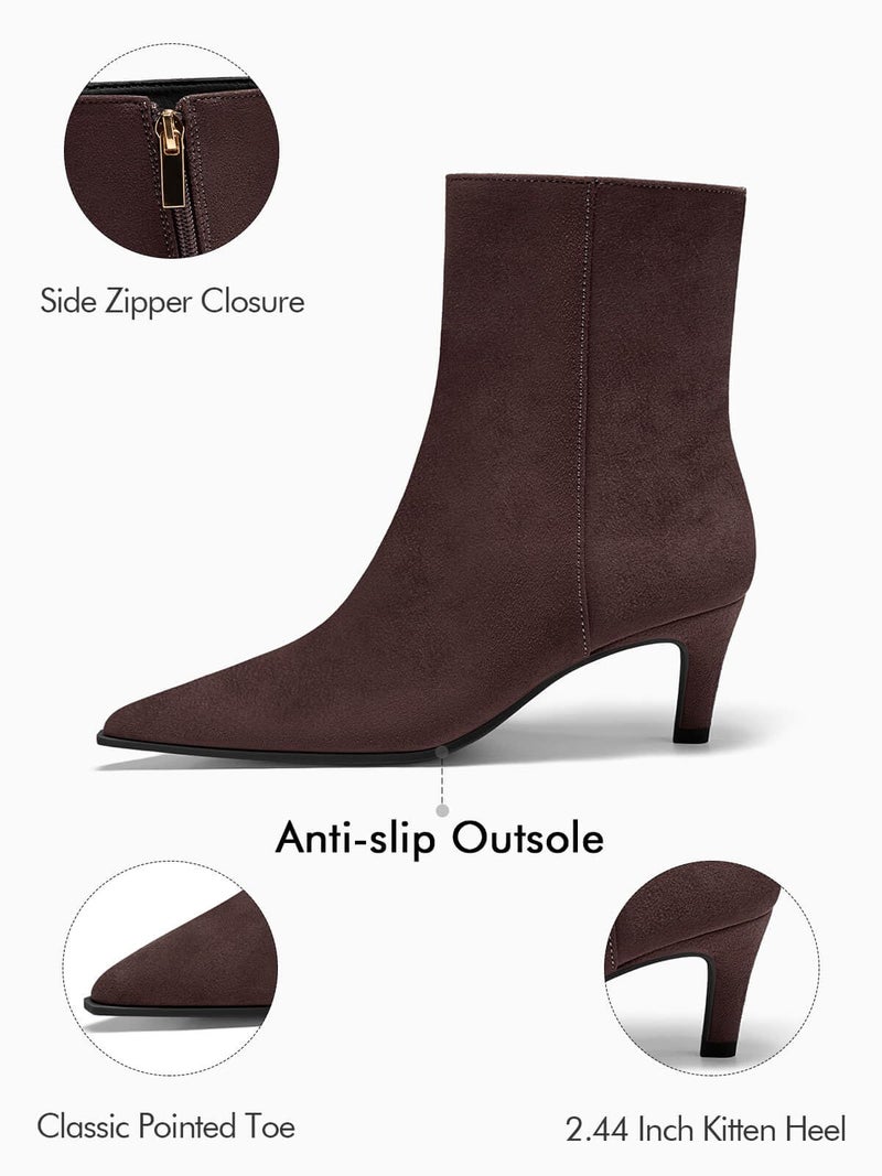 Coutgo Ankle Boots for Women Kitten Low Heel Pointed Toe Booties Side Zipper Fall Shoes, Chocolate Suede, Size 8.5 - Image 4