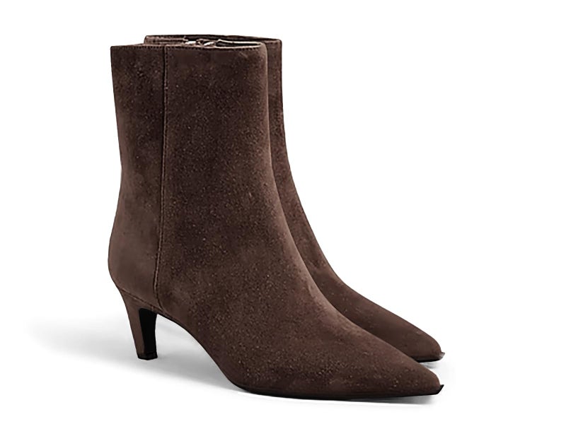 Coutgo Ankle Boots for Women Kitten Low Heel Pointed Toe Booties Side Zipper Fall Shoes, Chocolate Suede, Size 8.5 - Image 1