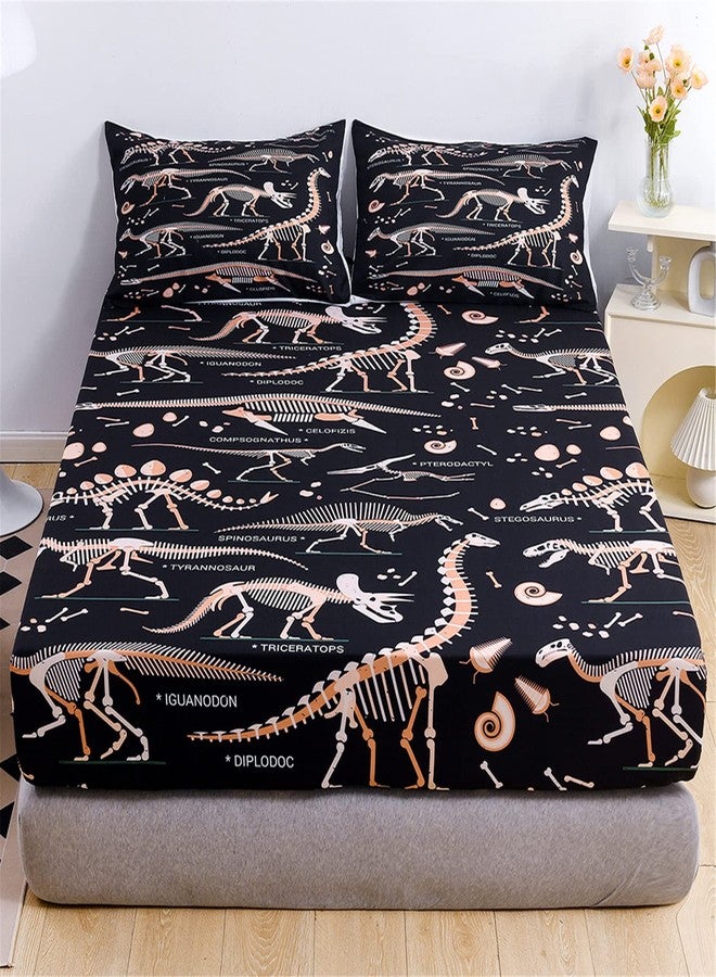 URLINENS Dinosaur Fitted Sheet Twin Size, Jurassic Evolution Dino Bones Bedding Set 2 Piece 1 Fitted Sheet and 1 Pillowcase, Wildlife Dinosaur Sheet Set for Kids Boys Girls Teens Fun Bed Sheet - Image 1