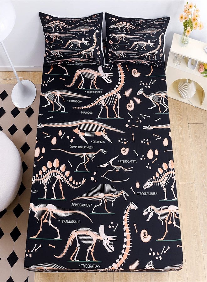 URLINENS Dinosaur Fitted Sheet Twin Size, Jurassic Evolution Dino Bones Bedding Set 2 Piece 1 Fitted Sheet and 1 Pillowcase, Wildlife Dinosaur Sheet Set for Kids Boys Girls Teens Fun Bed Sheet - Image 2