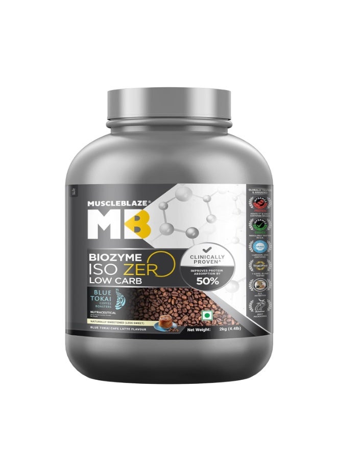 مسل بلايز MuscleBlaze Biozyme Iso-Zero، مسحوق بروتين مصل اللبن المعزول (Whey Isolate) منخفض الكربوهيدرات بنكهة "بلو توكاي" كافيه لاتيه (2 كجم / 4.4 رطل) | 27 جم من بروتين مصل اللبن المعزول في كل مكيال | تركيبة معززة للامتصاص (EAF) حاصلة على براءة اختراع من الولايات المتحدة الأمريكية - Image 1