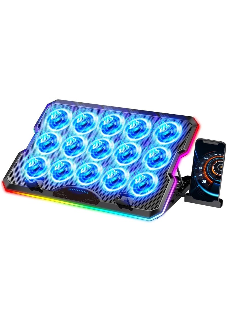 XiuWoo Laptop Cooling Pad, Gaming Laptop Cooler with 15 Quiet Fans for 12-17.3 Inch Notebook, Slim Portable RGB Laptop Cooling Stand with 7 Height Adjustable,2 USB Ports, Phone Stand  - Image 1