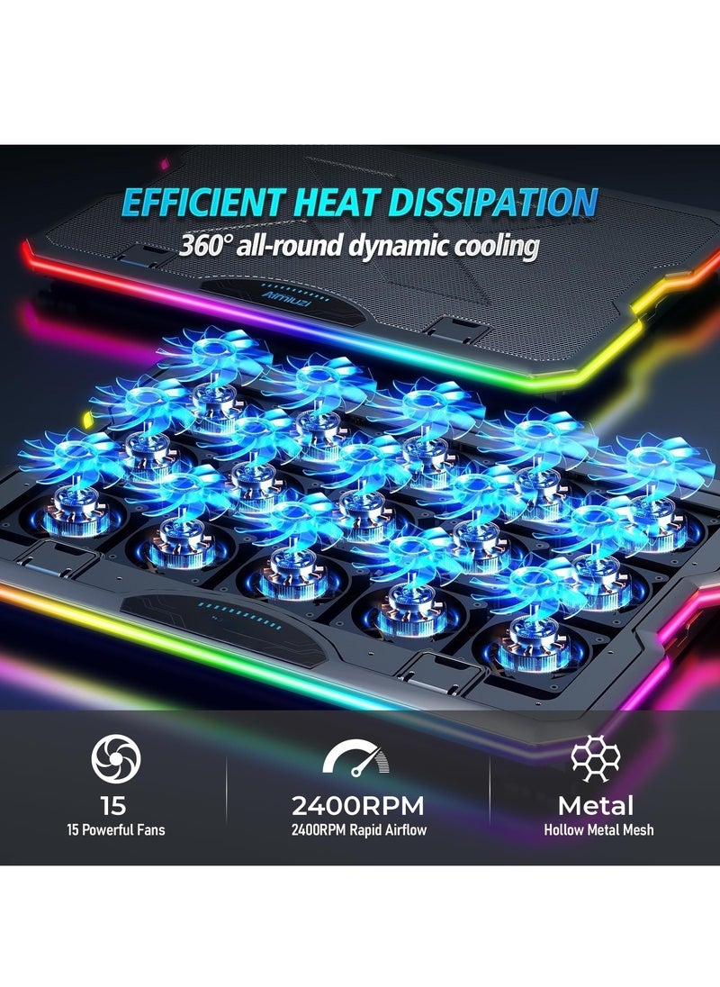 XiuWoo Laptop Cooling Pad, Gaming Laptop Cooler with 15 Quiet Fans for 12-17.3 Inch Notebook, Slim Portable RGB Laptop Cooling Stand with 7 Height Adjustable,2 USB Ports, Phone Stand  - Image 2