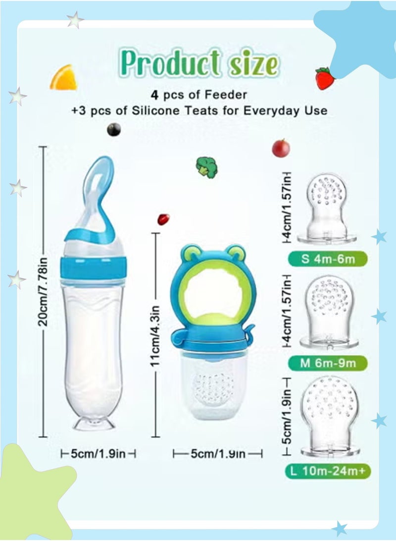 insular 7-Piece Baby Food Feeder Set, Baby Fruit Feeder Pacifier & Squeeze Feeding Bottle 90ml with Suction Base, Owl Fruit Feeder with 3 Sizes Mesh Pouches (S/M/L), Silicone Baby Weaning Set for 4m+ Babies, BPA-Free & Easy to Clean - Image 2