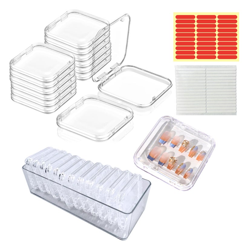 Samchilderlan 12Pcs Press on Nail Packaging Boxes, False Nail Container Organizer Clear Nail Display Case with 1 All-In-One Acrylic Storage Box and 30pcs Double-sided Adhesive Tape for Nail Art Salon Home Use - Image 1