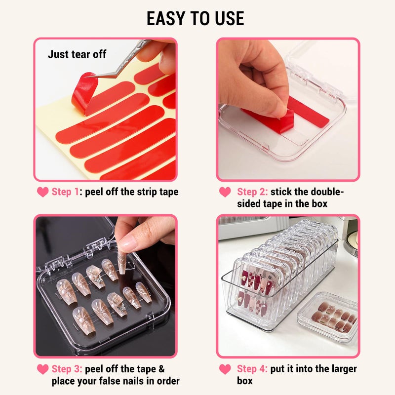 Samchilderlan 12Pcs Press on Nail Packaging Boxes, False Nail Container Organizer Clear Nail Display Case with 1 All-In-One Acrylic Storage Box and 30pcs Double-sided Adhesive Tape for Nail Art Salon Home Use - Image 5