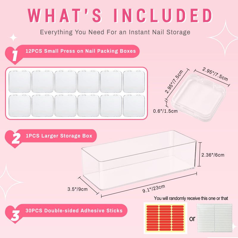 Samchilderlan 12Pcs Press on Nail Packaging Boxes, False Nail Container Organizer Clear Nail Display Case with 1 All-In-One Acrylic Storage Box and 30pcs Double-sided Adhesive Tape for Nail Art Salon Home Use - Image 4