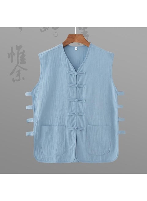 Loose Fit Cotton Linen Vest Sleeveless Collarless Mens Tank Top Retro Style Summer Shirt Gown Ethnic Style Pure Color Striped Sky Blue