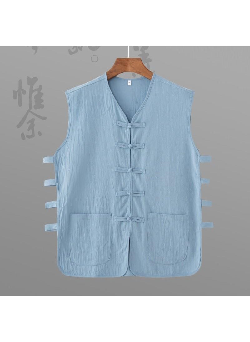 Generic - Loose Fit Cotton Linen Vest Sleeveless Collarless Mens Tank Top Retro Style Summer Shirt Gown Ethnic Style Pure Color Striped Sky Blue - Image 1