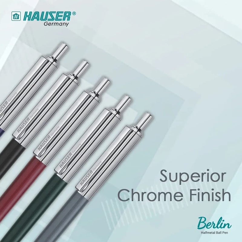 HAUSER Germany Berlin Half Metal Ball Pen Box Pack | Retractable Mechanism With Smudge Free Writing | Attractive Designer Pen | Smooth, Sturdy, Refillable Pen | Ideal For Gifting | Blue Ink,Pack of 5 - Image 5
