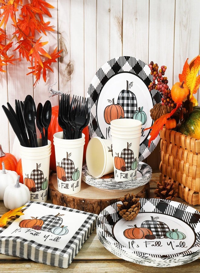 Whaline 175Pcs Fall Thanksgiving Tableware Set Buffalo Plaids Pumpkin Disposable Dinnerware 50Pcs Paper Plates 25Pcs Napkins Cups Plastic Forks Knifes Spoons for Autumn Thanksgiving Table Supplies - Image 4
