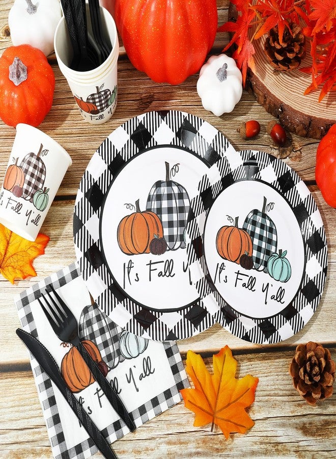 Whaline 175Pcs Fall Thanksgiving Tableware Set Buffalo Plaids Pumpkin Disposable Dinnerware 50Pcs Paper Plates 25Pcs Napkins Cups Plastic Forks Knifes Spoons for Autumn Thanksgiving Table Supplies - Image 3