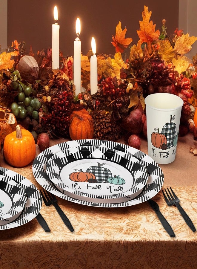 Whaline 175Pcs Fall Thanksgiving Tableware Set Buffalo Plaids Pumpkin Disposable Dinnerware 50Pcs Paper Plates 25Pcs Napkins Cups Plastic Forks Knifes Spoons for Autumn Thanksgiving Table Supplies - Image 5