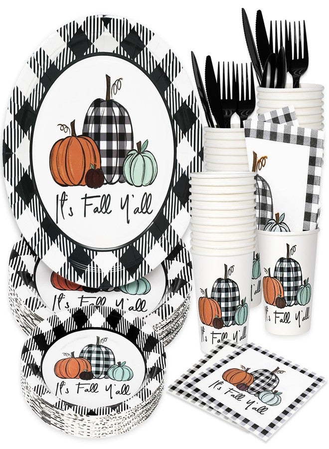 Whaline 175Pcs Fall Thanksgiving Tableware Set Buffalo Plaids Pumpkin Disposable Dinnerware 50Pcs Paper Plates 25Pcs Napkins Cups Plastic Forks Knifes Spoons for Autumn Thanksgiving Table Supplies - Image 1