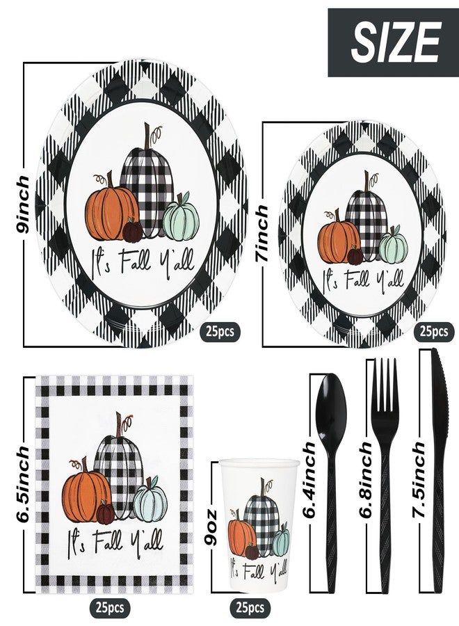 Whaline 175Pcs Fall Thanksgiving Tableware Set Buffalo Plaids Pumpkin Disposable Dinnerware 50Pcs Paper Plates 25Pcs Napkins Cups Plastic Forks Knifes Spoons for Autumn Thanksgiving Table Supplies - Image 2