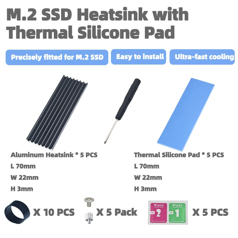 Atdcoek 5 Pack SSD Heat Sink Cooler for 2280 SSD, nvme Heatsink with Thermal Silicone Pad for PS5/PC PCIE NVME M2 SSD (5 Pack Black) - Image 3