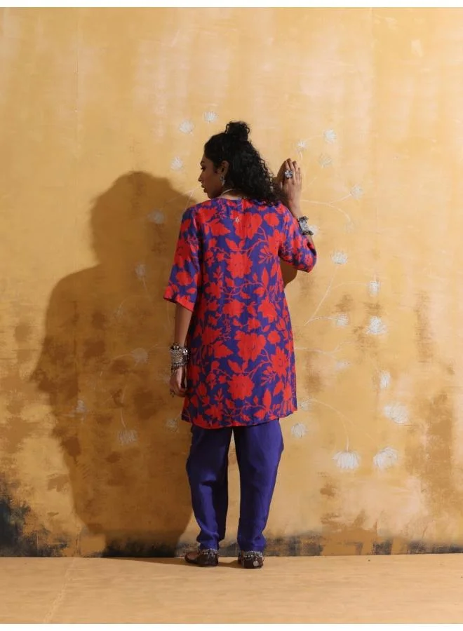 ترو برونز trueBrowns Purple Red Jaal Print Muslin Silk Dhoti Co-ord Set