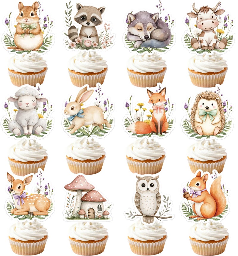 Auteby 48pcs Woodland Animal Cupcake Toppers, Animals Theme Baby Shower Decorations for Boys Girls Birthday Party - Image 1
