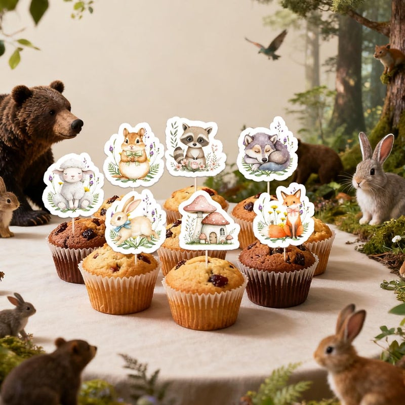 Auteby 48pcs Woodland Animal Cupcake Toppers, Animals Theme Baby Shower Decorations for Boys Girls Birthday Party - Image 4