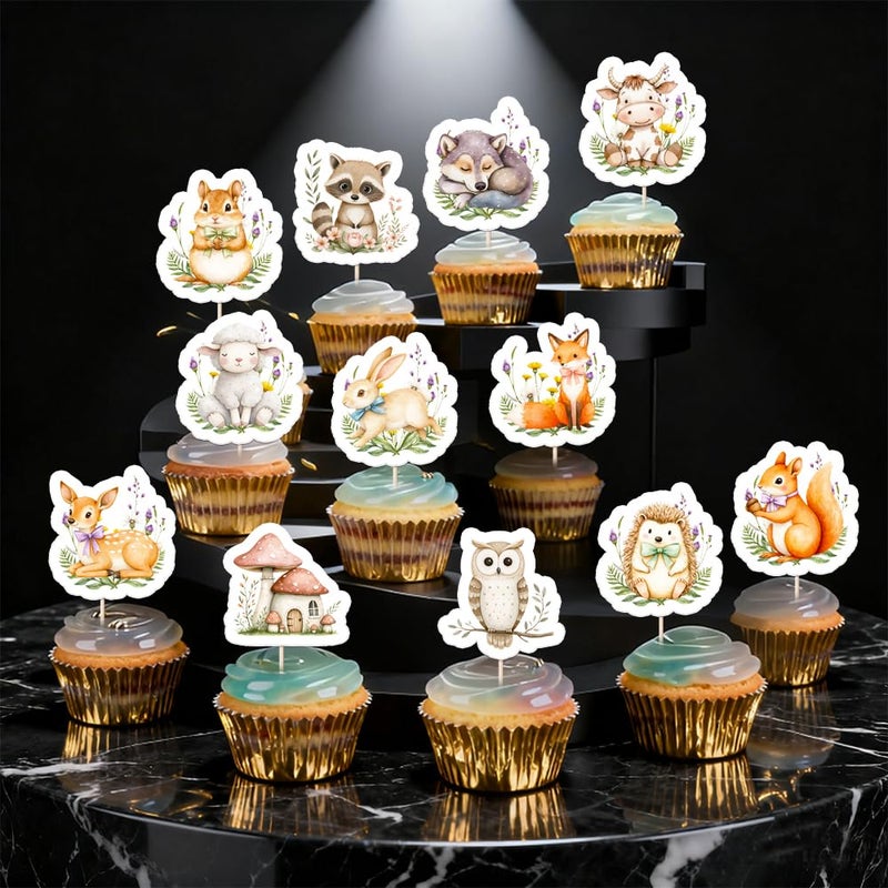 Auteby 48pcs Woodland Animal Cupcake Toppers, Animals Theme Baby Shower Decorations for Boys Girls Birthday Party - Image 3
