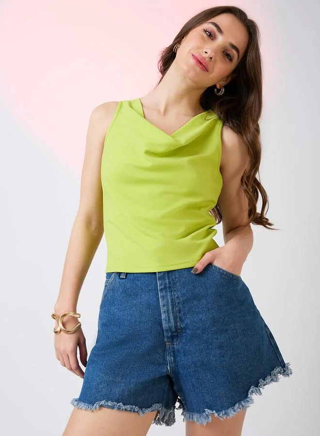 globus Women Green Cowl Neck Sleeveless Tank Top