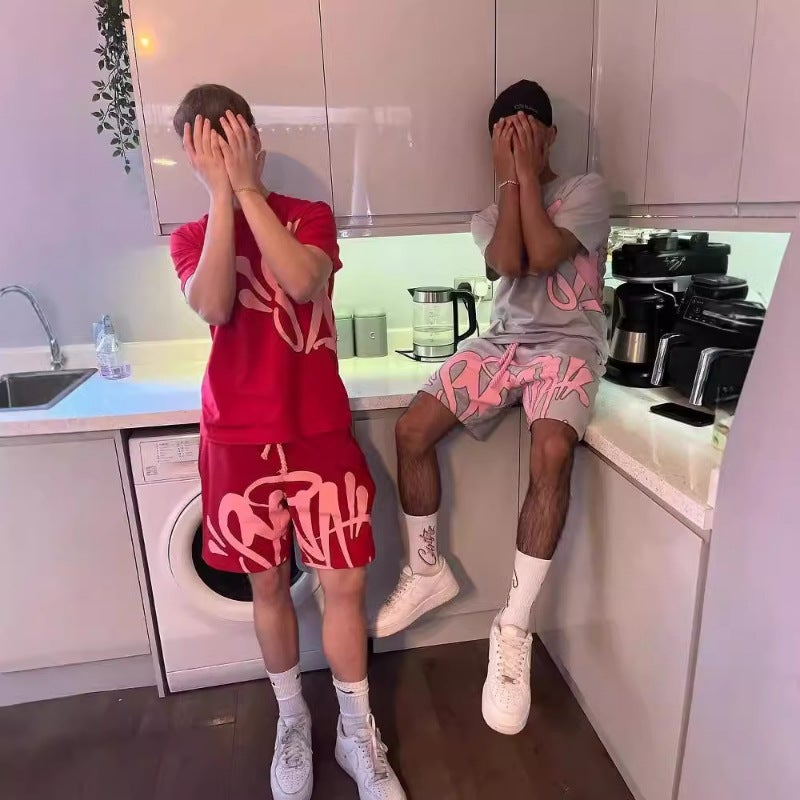 Y2K Aesthetic High Street Hip Hop Printed Letter Short Sleeve T-Shirt Shorts Men'S Summer Trendy Brand Casual Sports Suit - Image 4