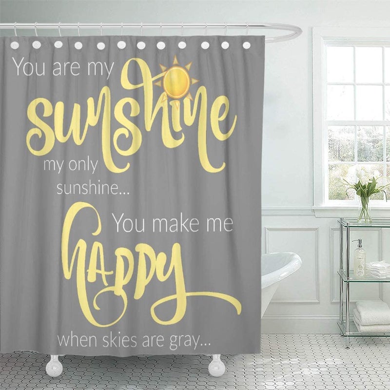 Semtomn Shower Curtain You are My Sunshine Yellow Gray 66x72 Home Decor Waterproof Bath Bathroom Curtain Set with Hooks