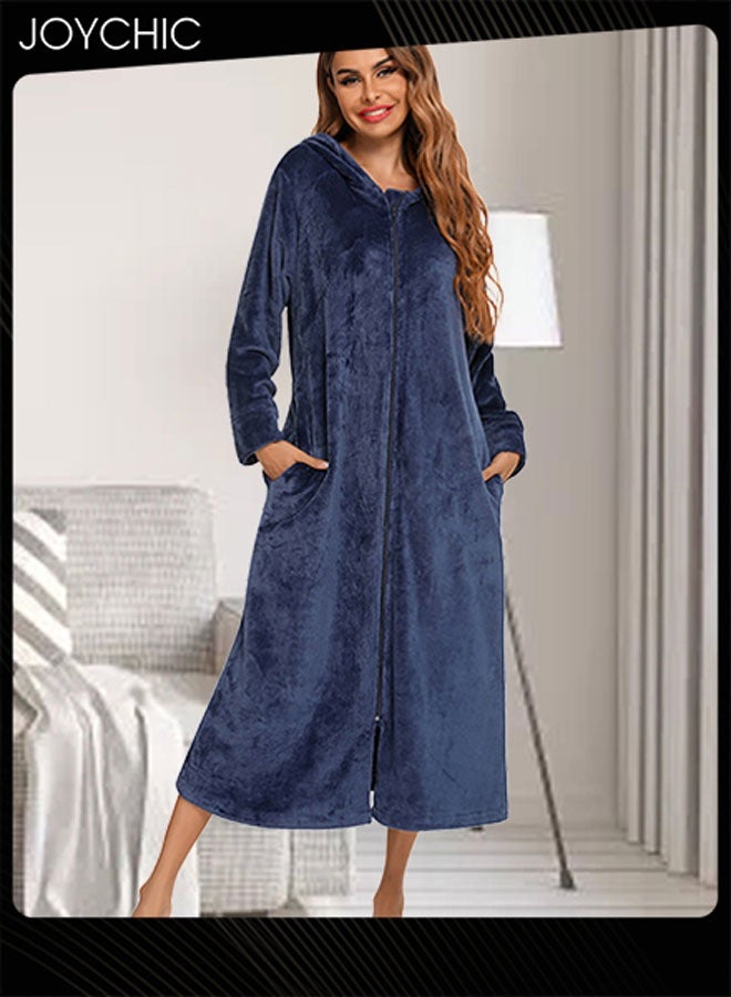 Joychic روب نوم نسائي بأكمام طويلة من الفلانيل الدافئ والمقاوم للرياح لفصل الخريف والشتاء، سحاب، بيجاما طويلة مع قبعة وجيوب باللون الأزرق الداكن - Image 1