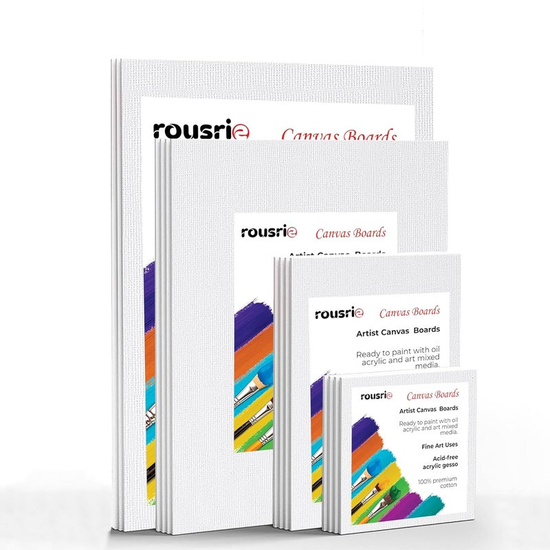 Rousrie Canvas Board for Acrylic, Gouache, Watercolour,Ink Painting Board, Art Supplies for Artist (100% Cotton Canvas) (12 PC (3X (4x4, 5x7, 8x8, 10x12))) - Image 1