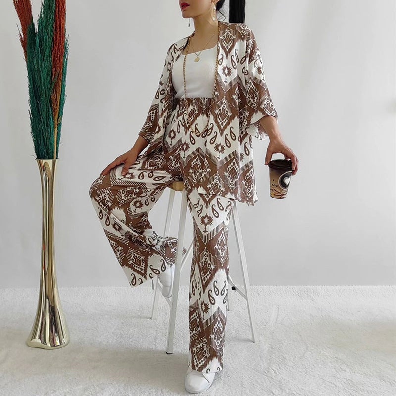 Foreign Trade Tem Womens 2024 Summer New Loose plus size Printed Mid-Sleeve Shirt Wide-Leg Pants Casual suit Women light brown